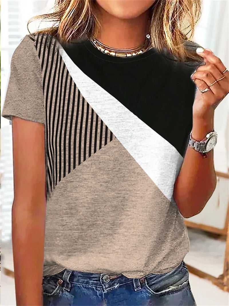 Damen Farbblock Langarmshirt mit schrägem Streifenmuster und Rundhalsausschnitt Drune