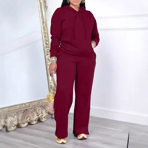 Damen nan Relax-Loungewear-Set mit weitem Highwaist-Palazzo-Jogger, Kapuzenpullover mit Kängurutasche und seitlichem Saumschlitz Drune
