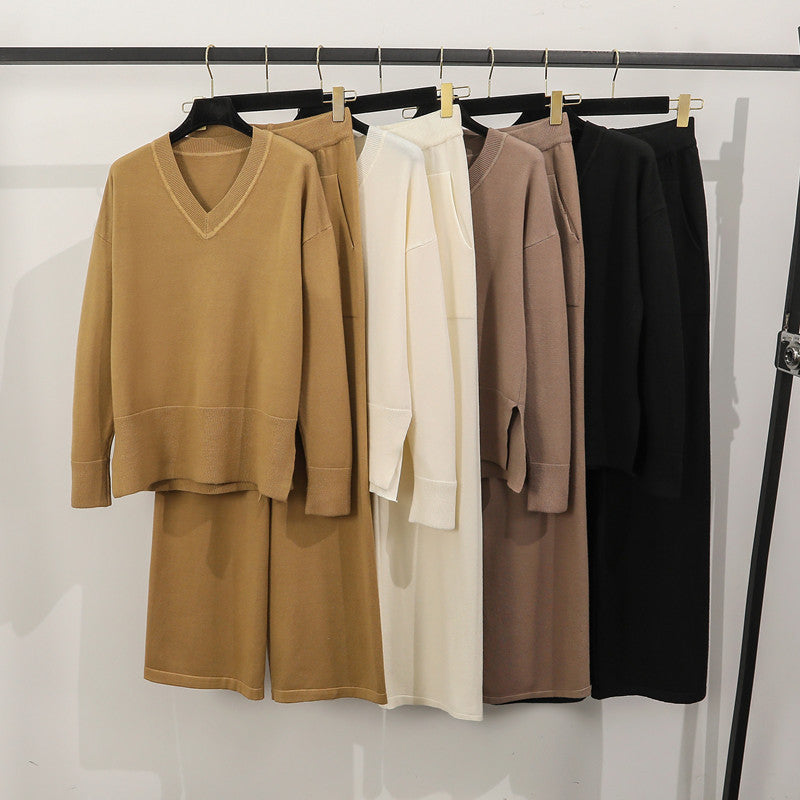 Damen lässiges Strick-Loungewear-Set mit tiefem V-Ausschnitt und praktischen Taschen Drune