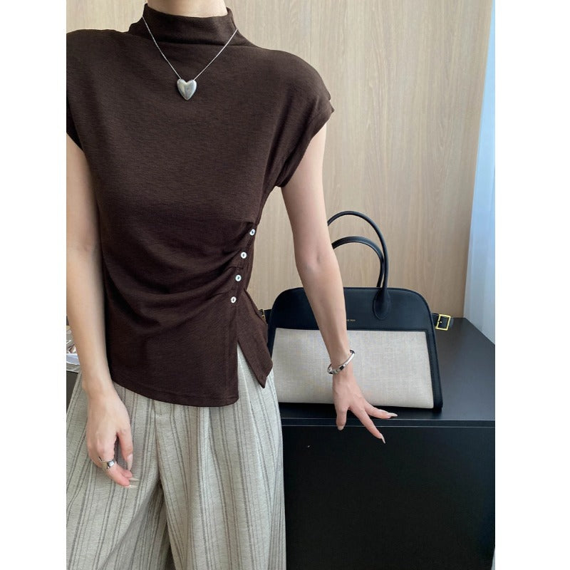 Damen elegantes Oberteil mit dekorativer Knopfleiste und schickem Gerafften Detail Drune
