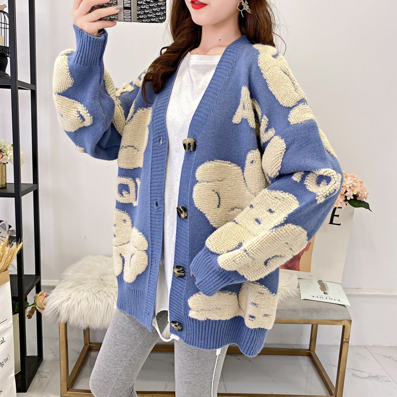Damen kuschelige Strickjacke mit großem Schriftmotiv Drune