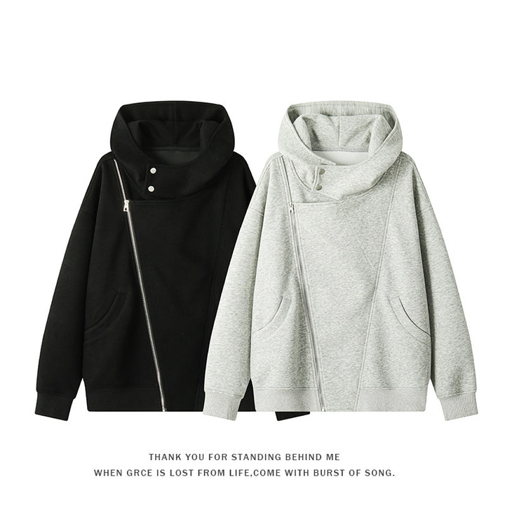 Damen nan asymmetrischer Kapuzenpullover mit hohem Kragen, diagonalem Reißverschluss und Kängurutaschen Drune