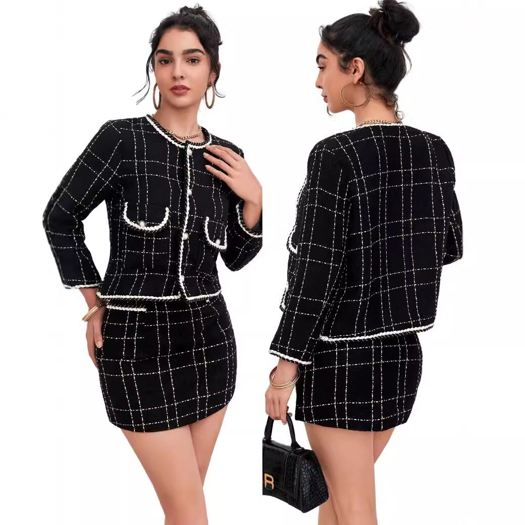 Damen Zweiteiliges Bouclé-Blazer-Set mit Zierstreifen und tailliertem Minirock Drune