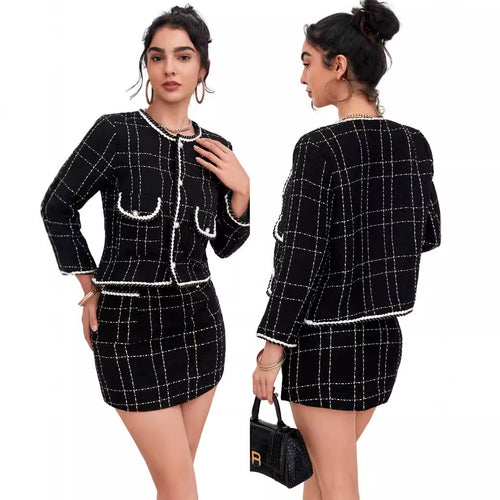 Damen Zweiteiliges Bouclé-Blazer-Set mit Zierstreifen und tailliertem Minirock Drune