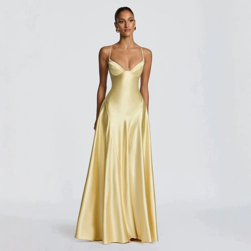 Damen elegantes Satin-Maxikleid mit raffinierten Spaghettiträgern Drune