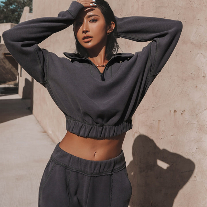 Damen kurzes Sweatshirt mit halbem Reißverschluss und elastischem Saum Drune