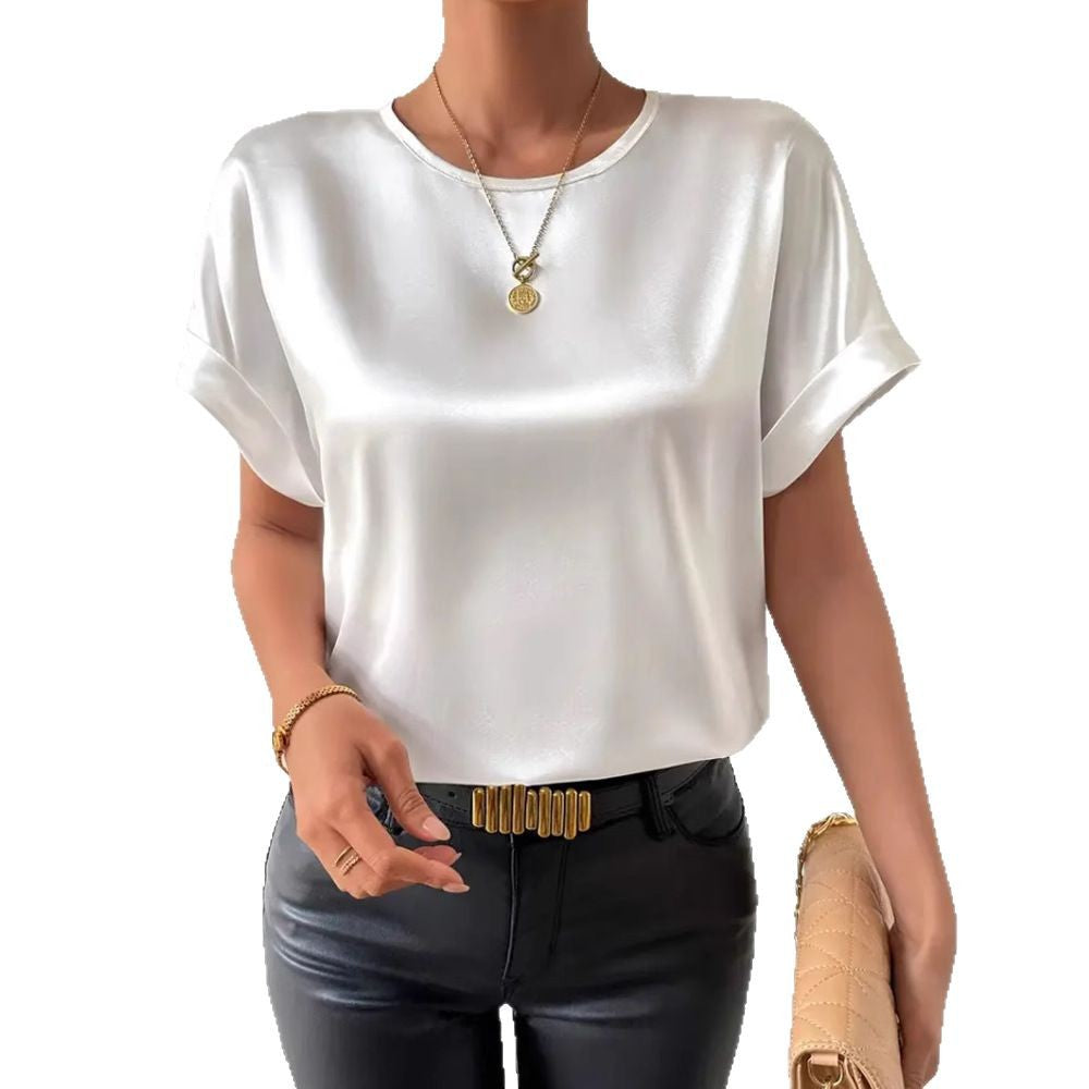 Damen nan leichtes Satin-Blusenshirt mit Rundhalsausschnitt und Umschlagärmeln Drune
