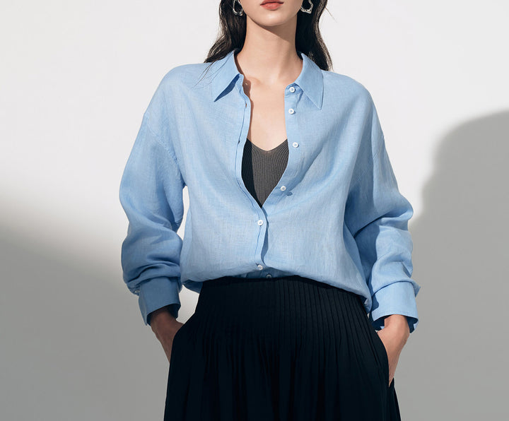 Damen Modische Leinenbluse mit langen Ärmeln Drune