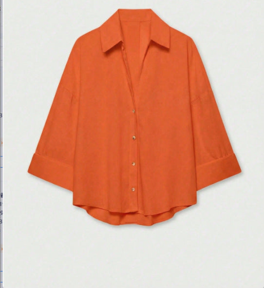 Damen Leichte Oversize Leinenoptik Bluse mit Dreiviertelärmeln und durchgehender Knopfleiste Drune