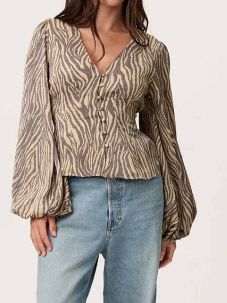 Damen Jacquard-Spitzenbluse mit tailliertem Schößchen und Ballonärmeln Drune