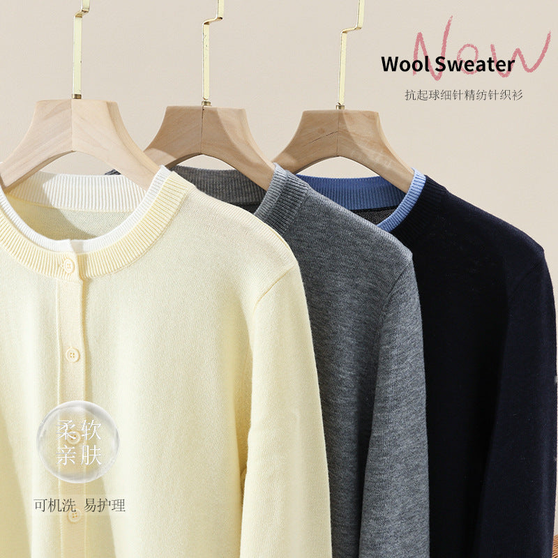 Damen Leichter Feinstrick-Cardigan mit Rundhals, Kontrastbündchen und durchgehender Knopfleiste Drune