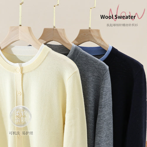 Damen Leichter Feinstrick-Cardigan mit Rundhals, Kontrastbündchen und durchgehender Knopfleiste Drune