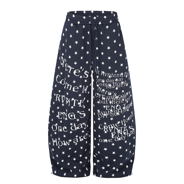 Damen Weite Palazzo-Loungehose mit Sternenallover, Tunnelzugbund und typografischem Print Drune