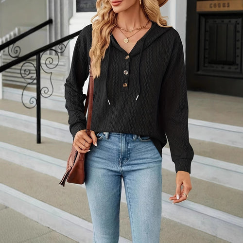 Damen lässiger Kapuzenpullover mit strukturiertem Gewebe und dekorativen Knopfdetails Drune