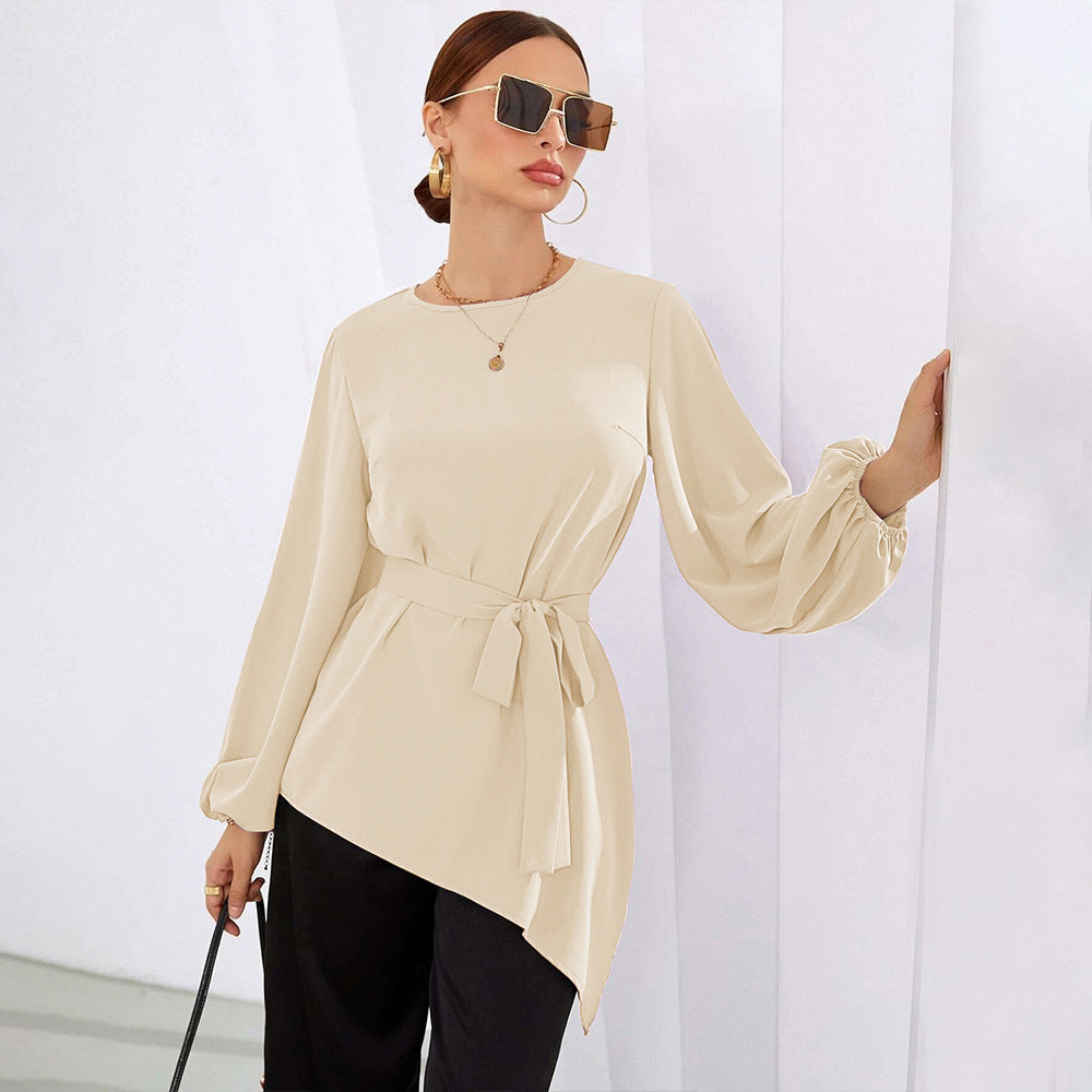 Damen asymmetrische Tunika-Bluse mit Ballonärmeln und Taillengürtel Drune