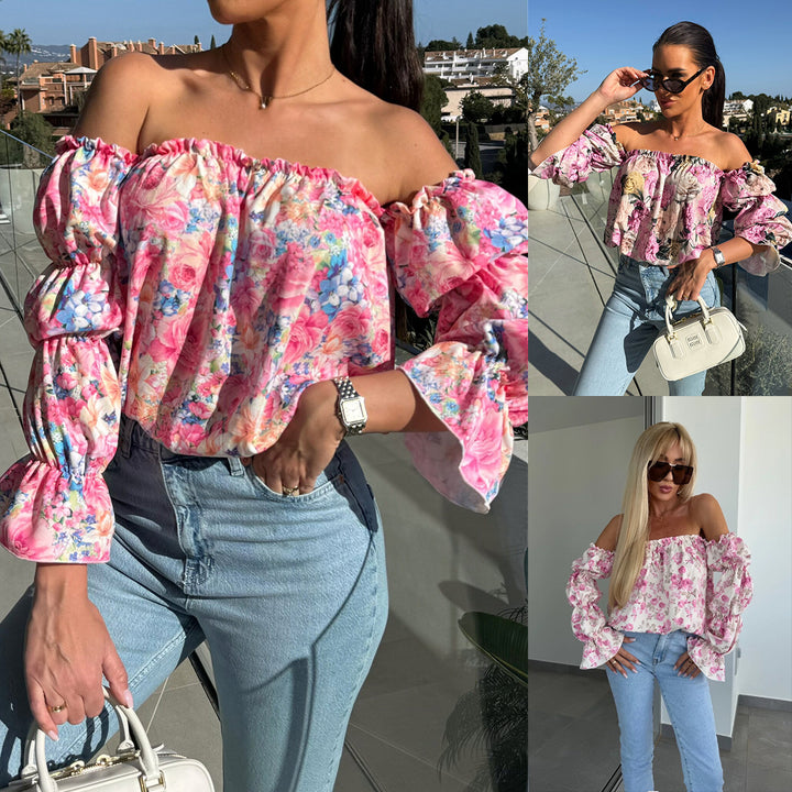 Damen Bluse mit schulterfreiem Schnitt und Volantärmeln Drune