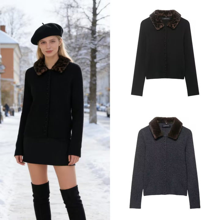 Damen Feinstrick-Cardigan mit Kunstpelzkragen und verdeckter Knopfleiste Drune