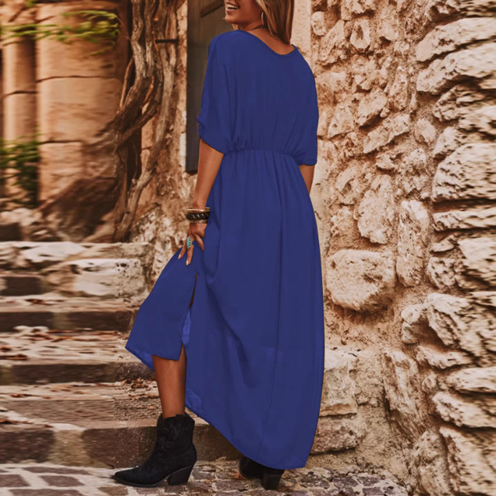 Damen Fließendes Maxikleid mit V-Ausschnitt, elastischem Taillenband und hohem Beinschlitz Drune