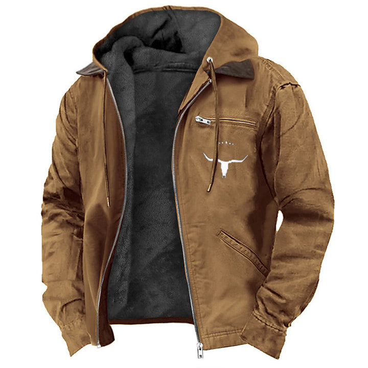 Herren Gefütterte Kapuzen-Lederjacke mit Teddyfutter und Brustreißverschlusstasche Drune