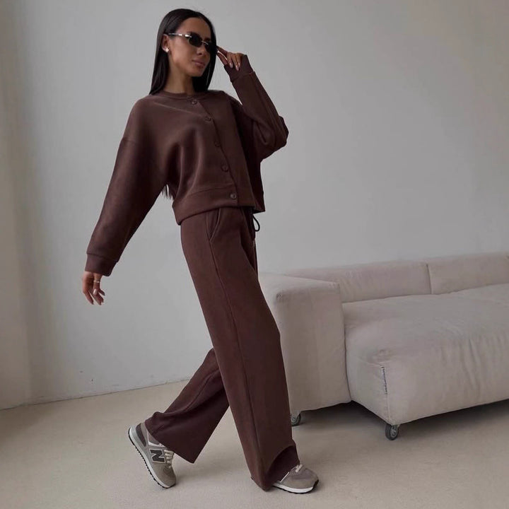 Damen Zweiteiliges Loungewear-Set aus Sweat mit geknöpfter Cropped-Jacke und weiter Kordelzughose Drune