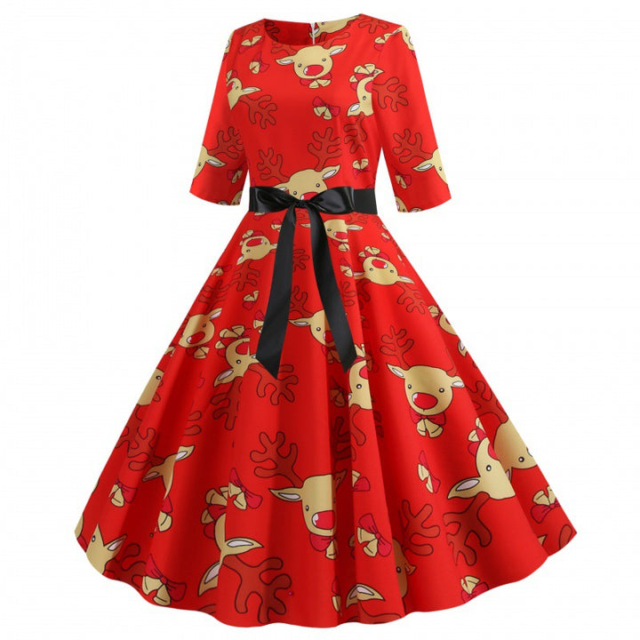 Damen Swingkleid mit fröhlichem Rentierdesign und taillierter Silhouette Drune