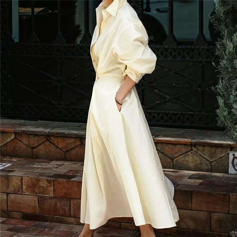 Damen Hemdblusen‑Maxikleid mit taillierter Blouson‑Silhouette, Glockenrock und verdeckten Eingrifftaschen Drune