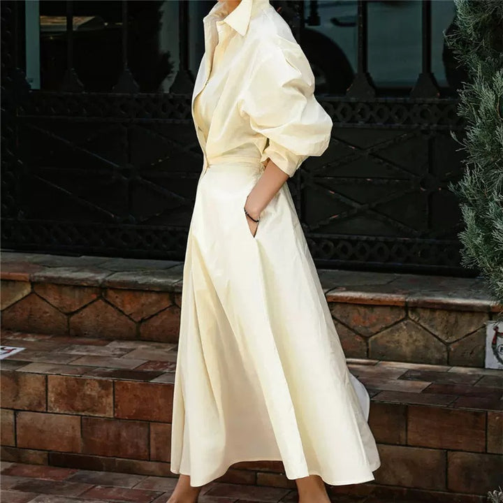 Damen Hemdblusen‑Maxikleid mit taillierter Blouson‑Silhouette, Glockenrock und verdeckten Eingrifftaschen Drune