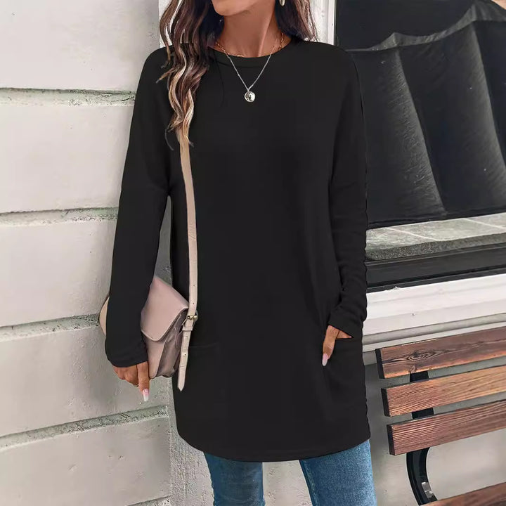 Weit geschnittene lange Tunika für Damen mit rundem Ausschnitt, seitlichen Taschen und weichem Jersey Drune