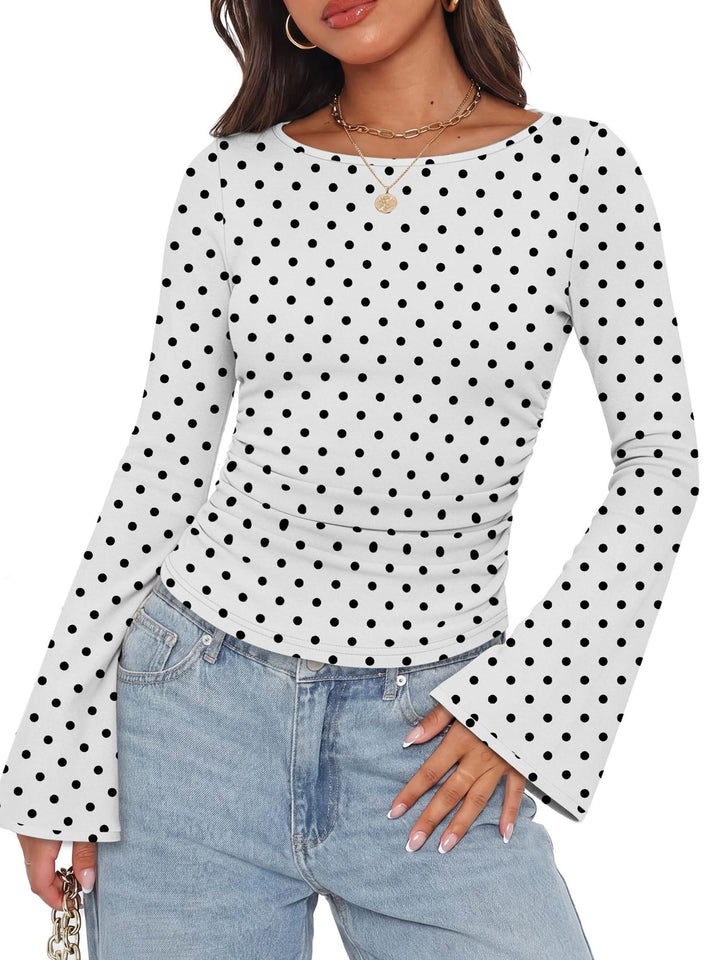 Damen Geripptes Langarmshirt mit Raffung, Trompetenärmeln und Kontrastbesatz Drune