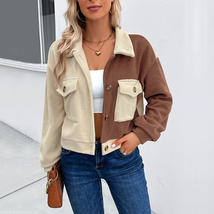 Damen Gekürzte Teddyjacke mit farbblockierten Ärmeln und Brusttaschen Drune