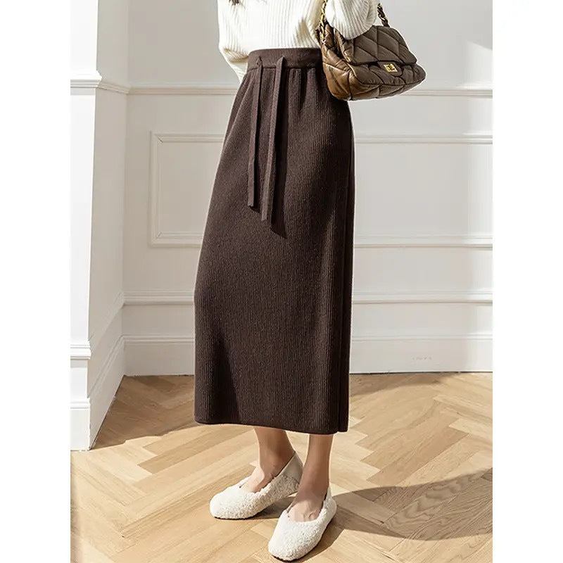 Damen Eleganter Rippstrick-Midirock mit Bindegürtel Drune