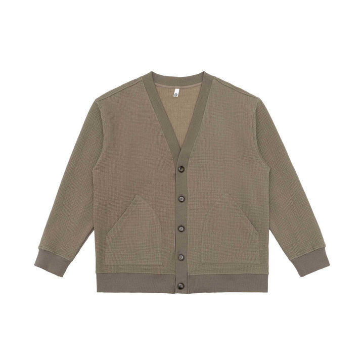 Unisex Waffelstruktur-Cardigan mit V-Ausschnitt, Knopfleiste und aufgesetzten Eingrifftaschen Drune