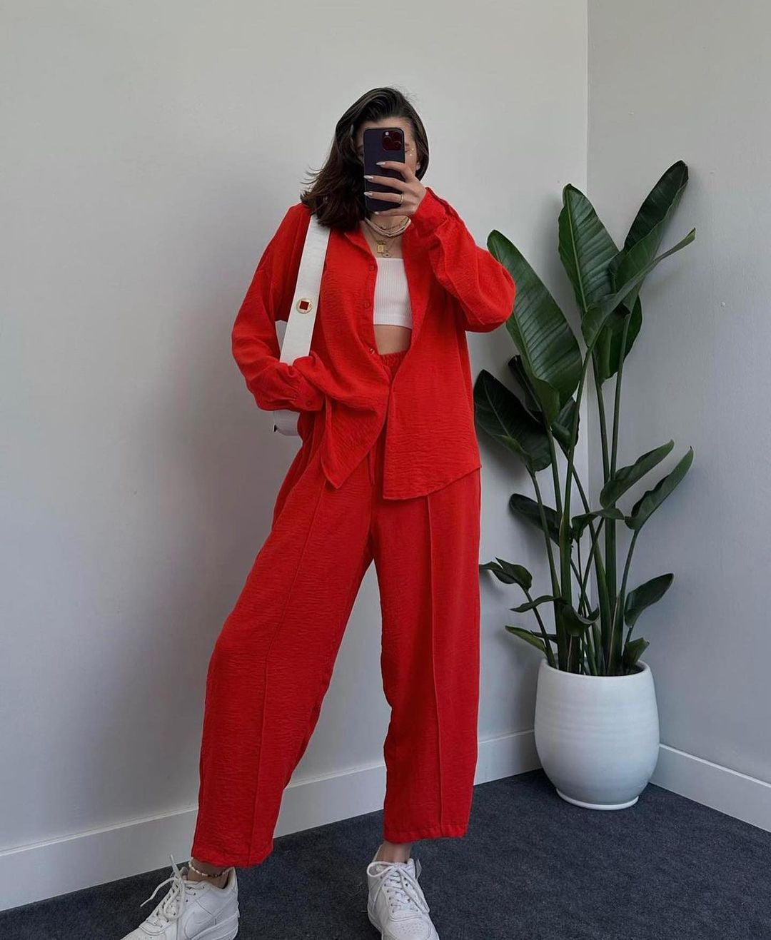 Damen Lässiges zweiteiliges Lounge-Set aus Crêpe mit Oversize-Hemd und hohem Elastikbund Drune