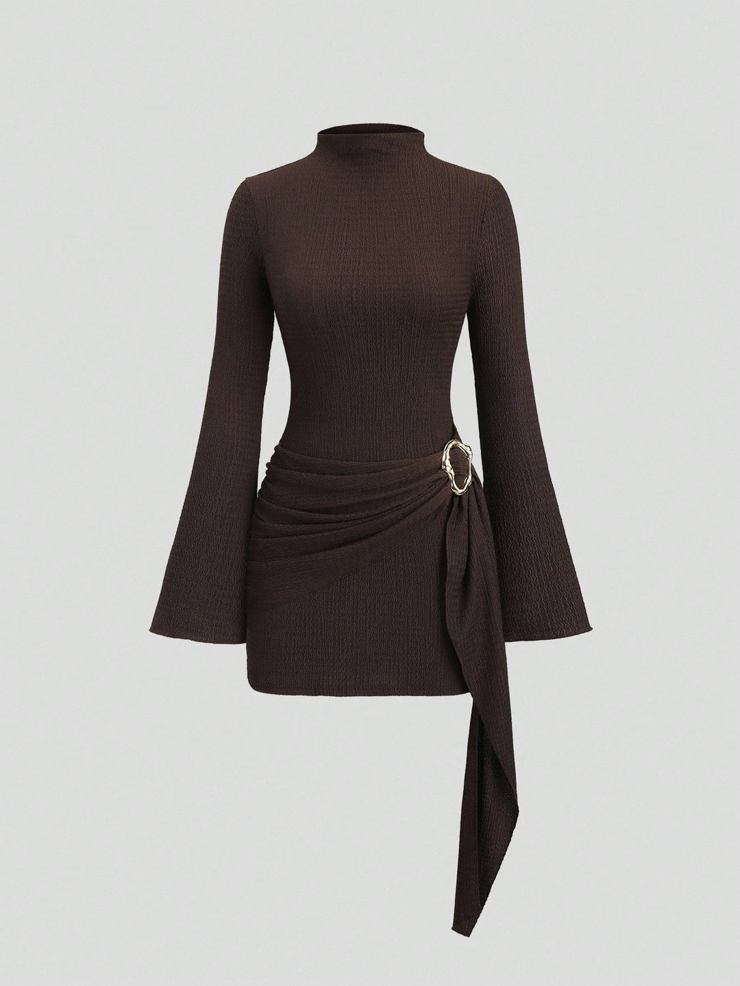 Damen nan figurbetontes Strick-Minikleid mit Stehkragen, Trompetenärmeln und seitlichem Drapé mit Zierring Drune