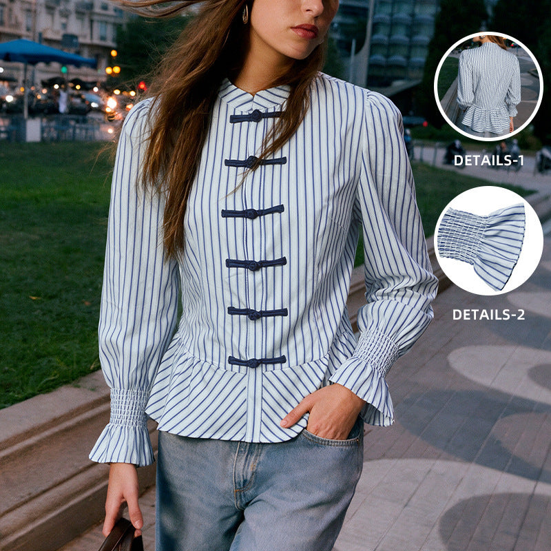 Damen Modische Bluse mit Rüschendetails und Knopfverschluss Drune