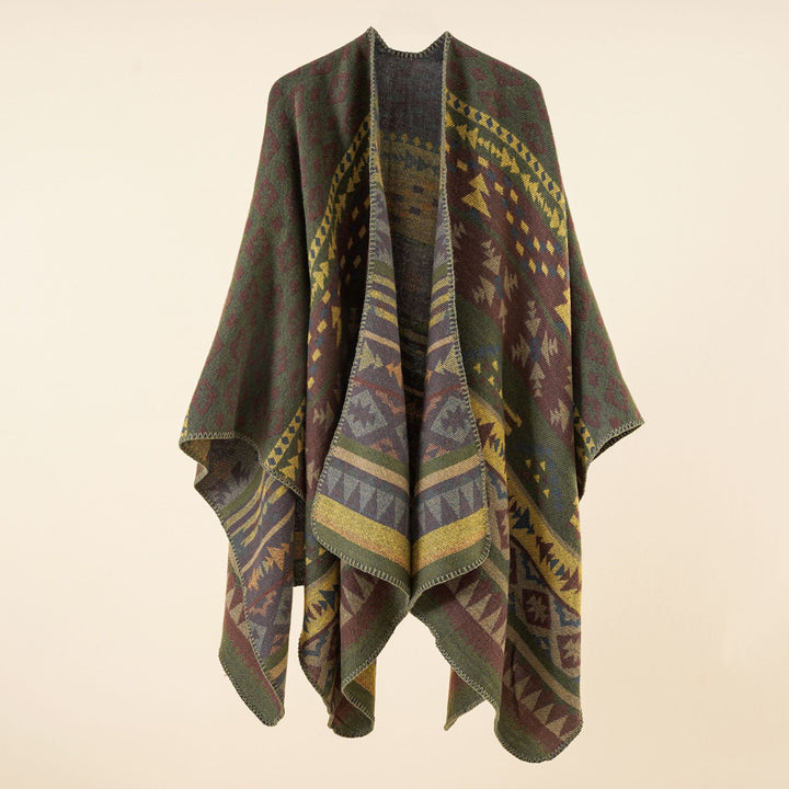 Damen Oversize Strickponcho mit Ethno-Geometrischem Muster Drune