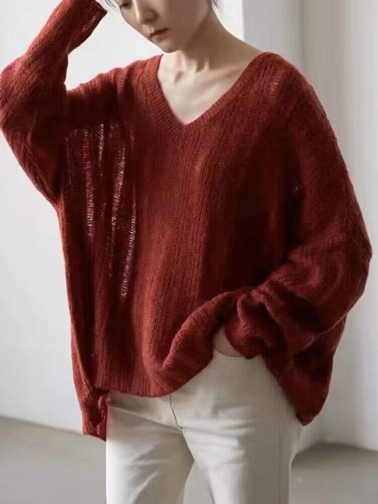 Damen Grobstrickpullover mit lässigem V-Ausschnitt und modischer Struktur Drune