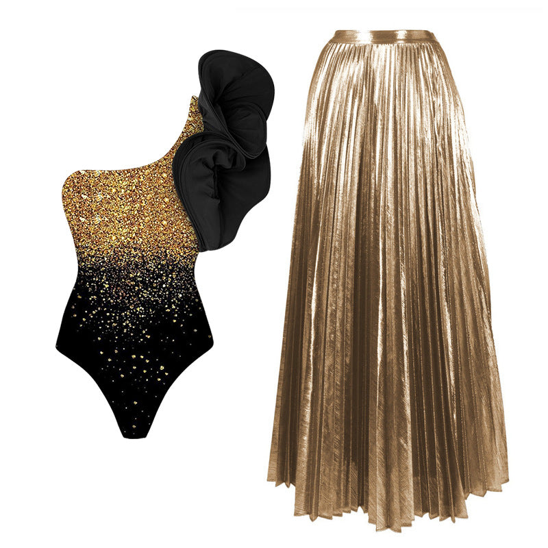 Damen Eleganter Glitzernder Badeanzug mit Fliederrock Drune