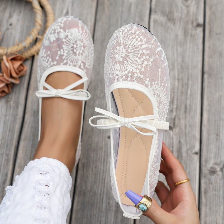 Damen Elegante Spitzenschuhe mit dekorativen Schleifen und funkelnden Akzenten Drune