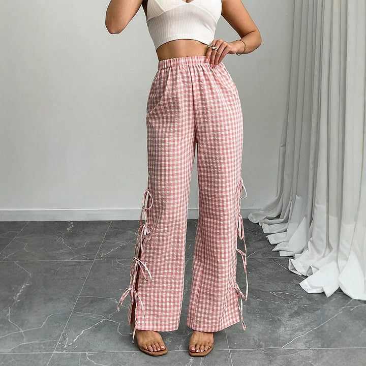 Damen High‑Waist Leinenoptik-Hose mit Gingham-Karo, weitem Bein & seitlichen Bändchen-Details Drune