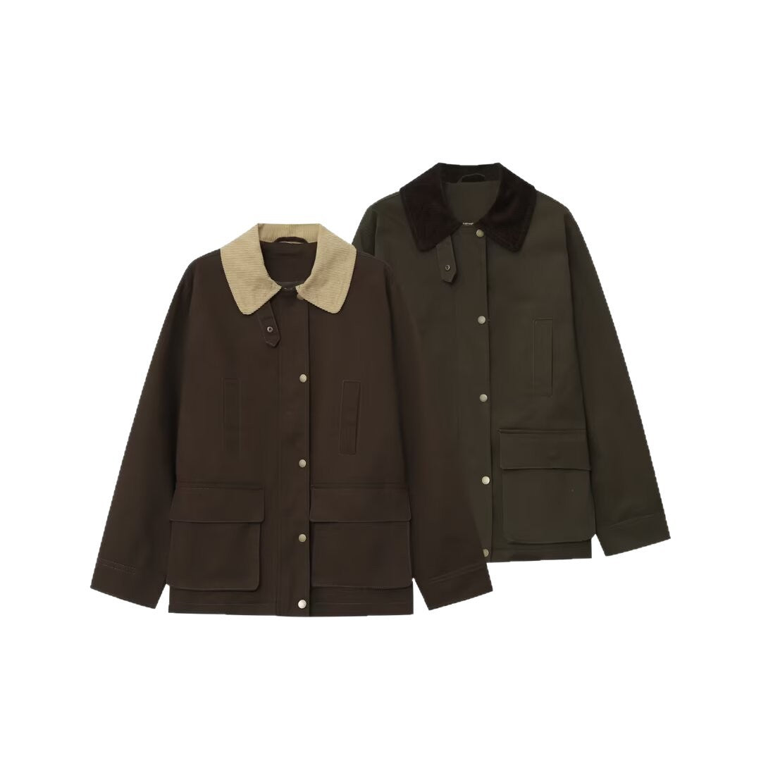 Damen Fieldjacke im Parka‑Stil mit Cordkragen, Druckknopfverschluß und aufgesetzten Fronttaschen Drune