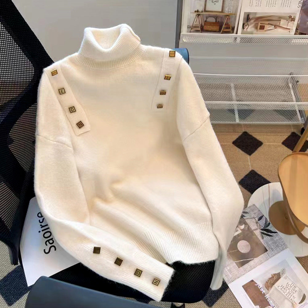 Damen modischer Rollkragenpullover mit dekorativen Knopfdetails Drune