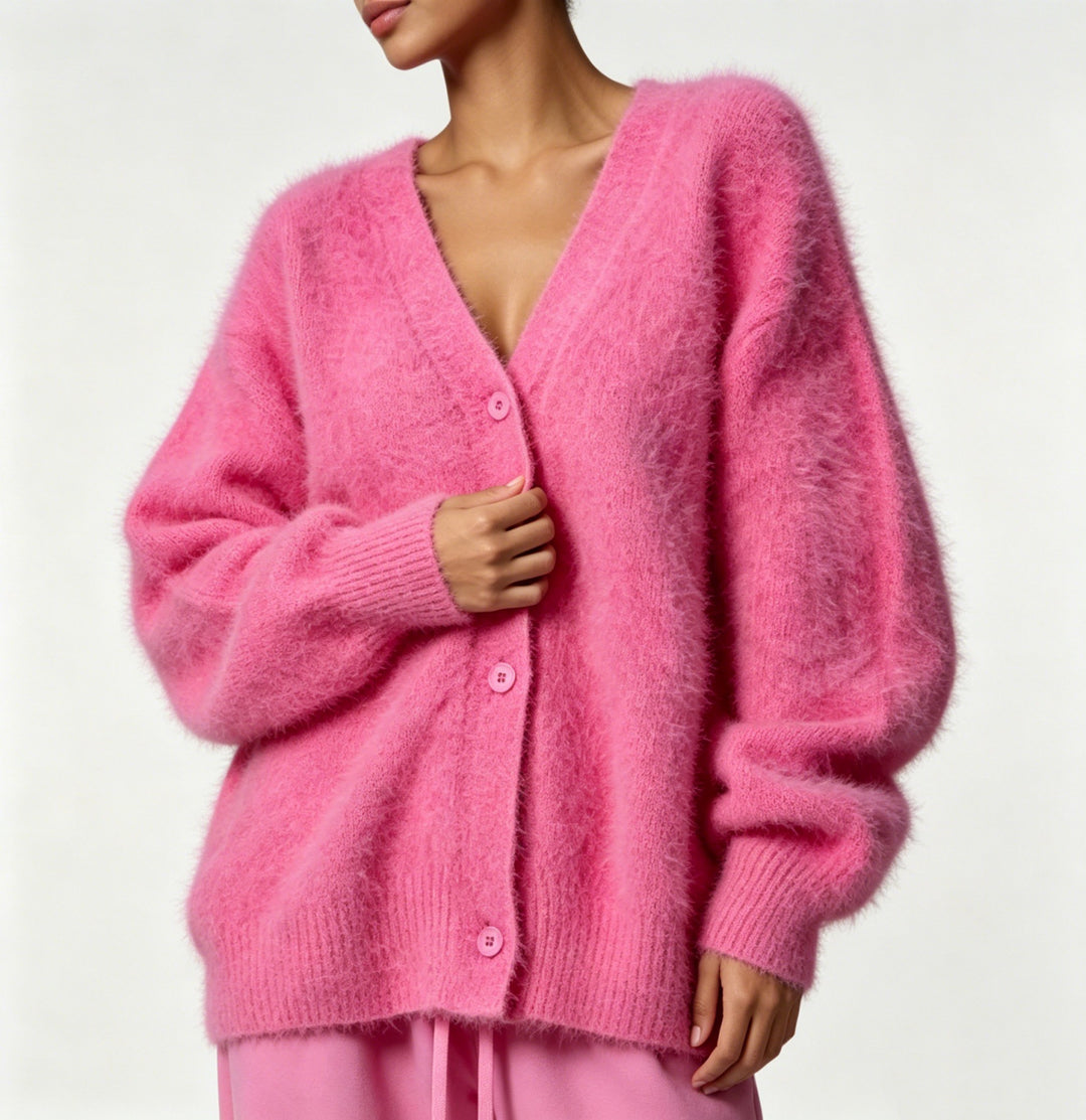 Damen Kuscheliger Oversize-Cardigan aus Teddy-Strick mit tiefem V-Ausschnitt Drune