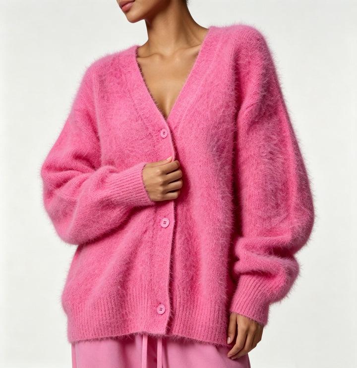 Damen Kuscheliger Oversize-Cardigan aus Teddy-Strick mit tiefem V-Ausschnitt Drune