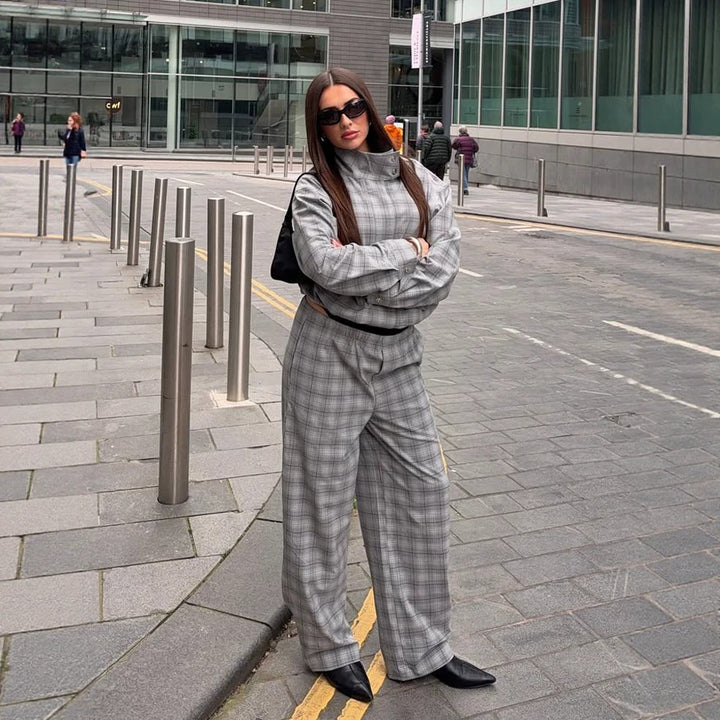 Damen Oversize Karo-Zweiteiler aus Tailormix mit Stehkragen Drune
