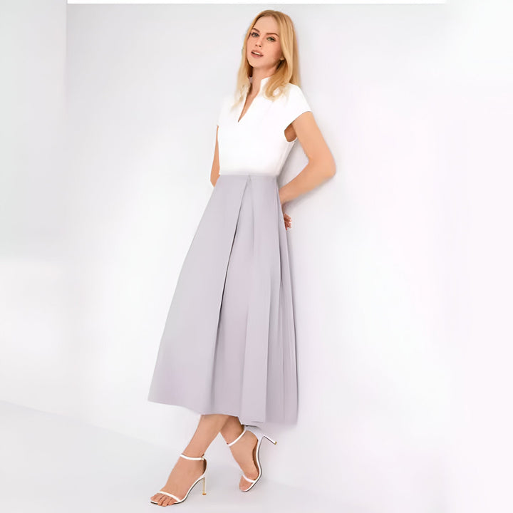 Drune | Weißes Farbblock V-Ausschnitt Ausgestellt Sommerkleid