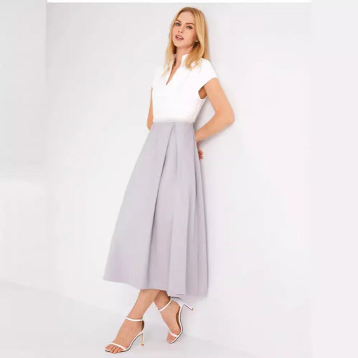 Drune | Weißes Farbblock V-Ausschnitt Ausgestellt Sommerkleid