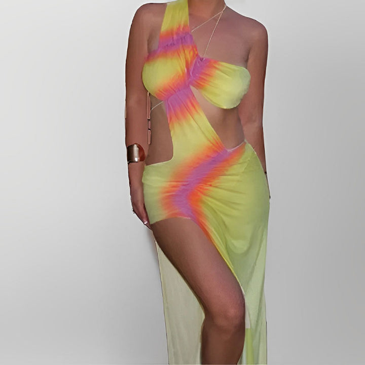Damen Strandkleid mit asymmetrischem Schnitt und farbenfrohem Batik-Design Drune