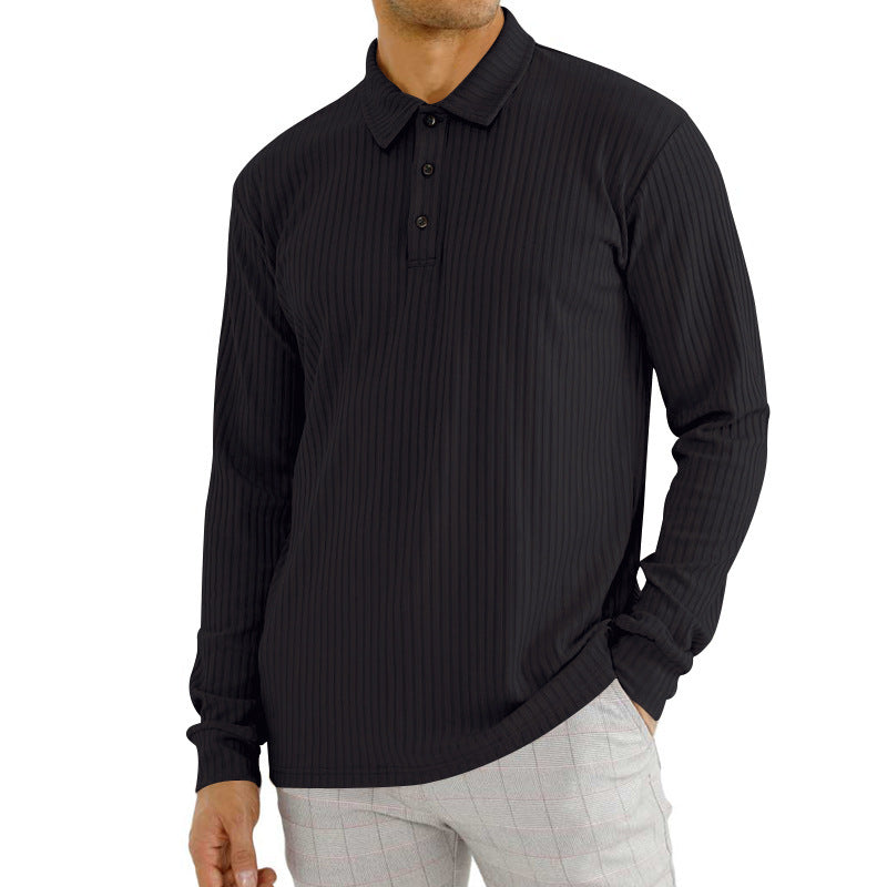 Herren nan geripptes Langarm-Poloshirt mit feiner Rippenstruktur, klassischem Kragen und elastischem Saum Drune