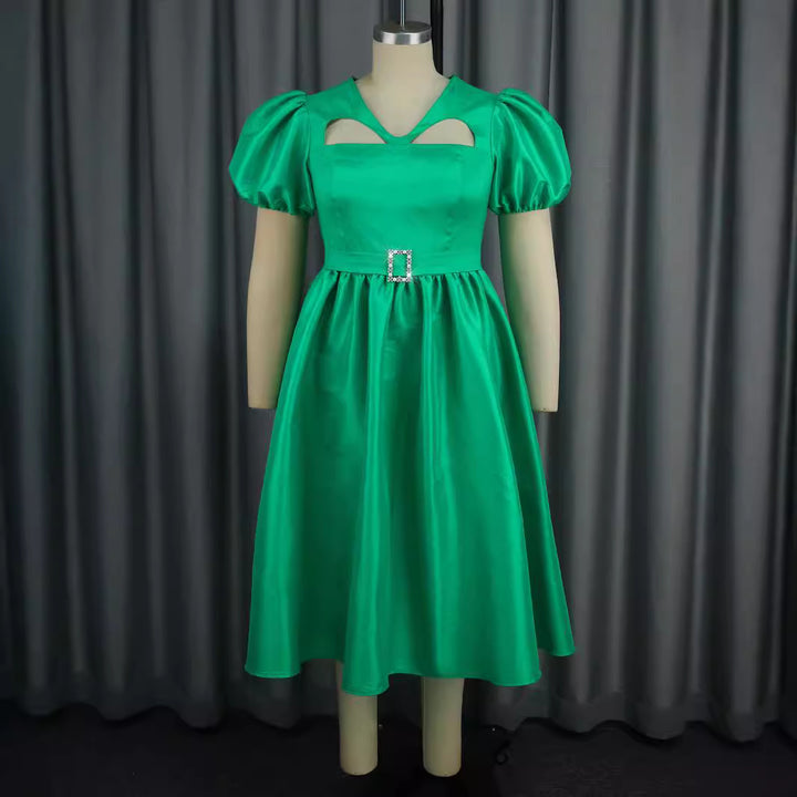 Damen Elegantes Midikleid mit Puffärmeln und diamantbesetztem Gürtel Drune